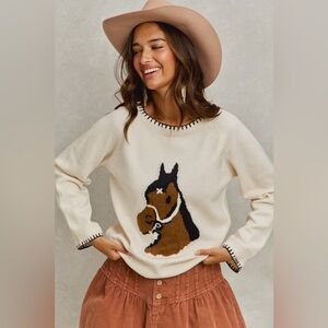 SO ME Horse Knit Sweater Top with Blanket Stitch